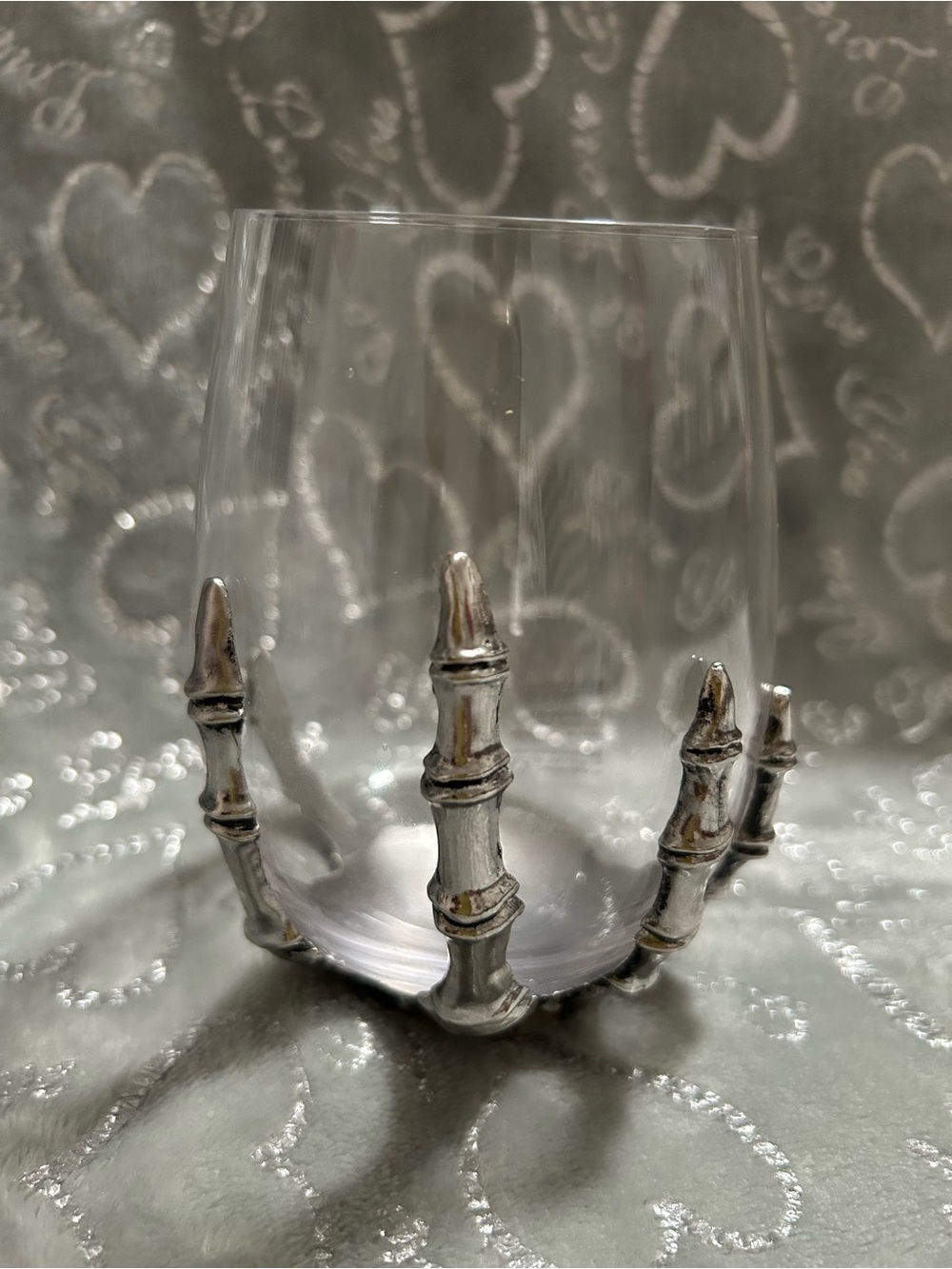 NWT Silver Bamboo Stem Stemless Wine Glass - Clear Glass with Silver Base